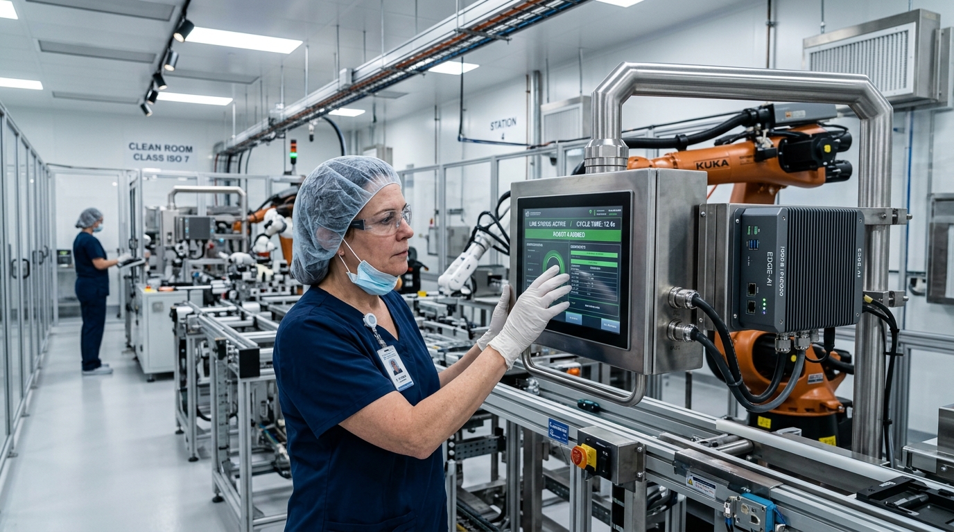 Industrial Automation clean-room with IP69K touch panel PC and Edge AI node
