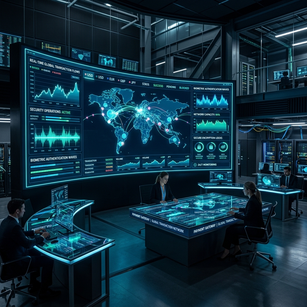 Carrier-grade payment gateway command center with real-time global transaction flows, biometric verification waves, and encryption telemetry